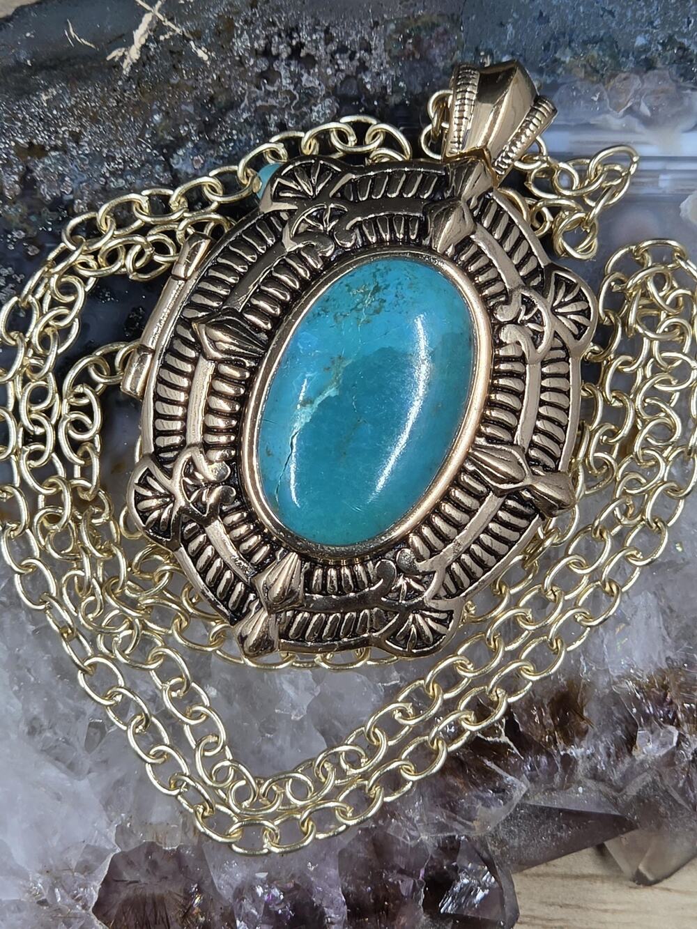 Barse Turquoise Locket Pendant with matching earrings. Chain 36"